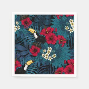 Serviette En Papier Toucans et flore tropicale, verte et rouge