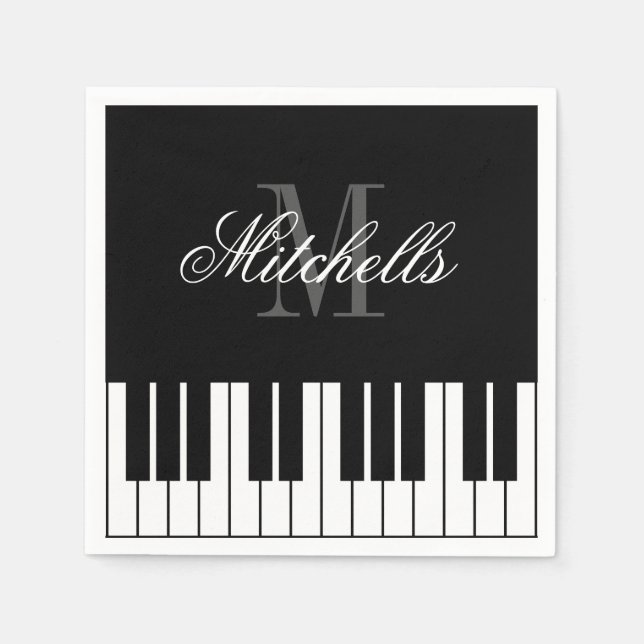 Serviette En Papier Touches de piano à queue noir et blanc monogramme  (Devant)