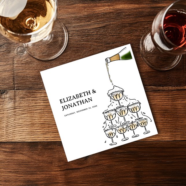 Serviette En Papier Tour de Champagne Dessinée à la Main Dîner de Répé (Hand Drawn Champagne Tower Rehearsal Dinner Napkins)