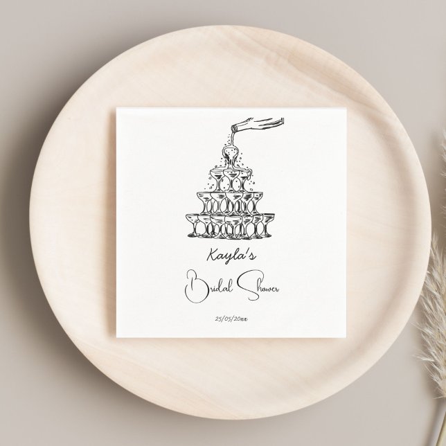 Serviette En Papier Tour de champagne dessinée à la main mariage minim (Hand drawn champagne tower sketch minimalist black and white bridal shower napkins table decor)
