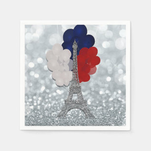 Serviette En Papier Tour Eiffel Pailleté Argent Fête Rouge Blanc Bleu