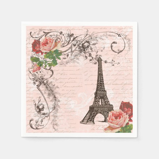 Serviette En Papier Tour Eiffel Paris et serviettes Roses (Devant)