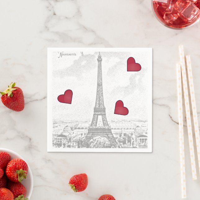 Serviette En Papier Tour Eiffel vintage - Coeurs rouges (En situation)
