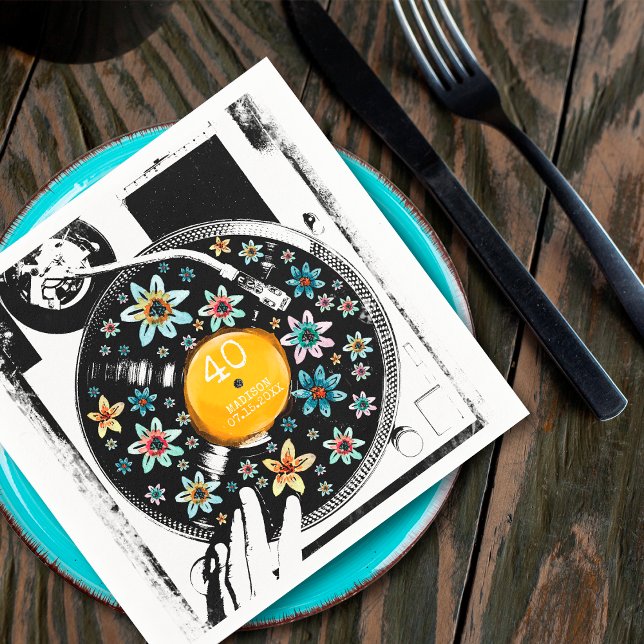 Serviette En Papier Tourne-disque Floral Retro Vinyl Anniversaire Pers (Créateur téléchargé)
