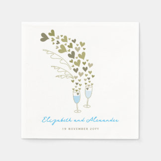 Serviette En Papier Tournée de champagne bleu pour cœurs d'or Mariage