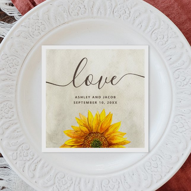 Serviette En Papier Tournesol à l'aquarelle. Écriture florale rustique (Créateur téléchargé)