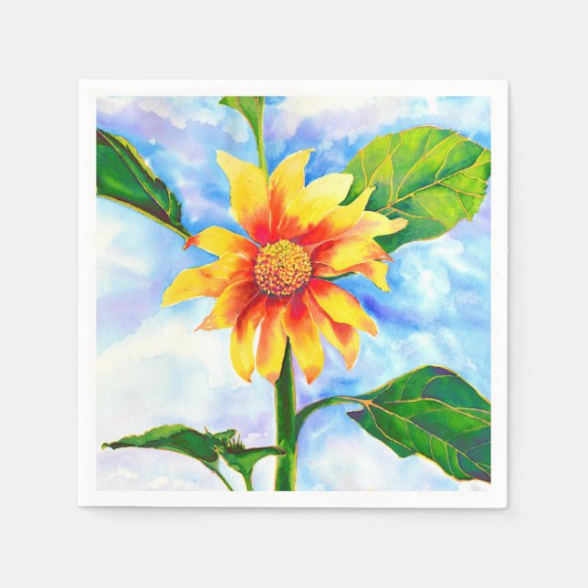 Serviette En Papier Tournesol aquarelle peinture jaune orangé floral (Devant)
