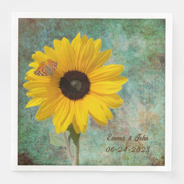 Serviette En Papier Tournesol avec Mariage papillon Diner (Devant)