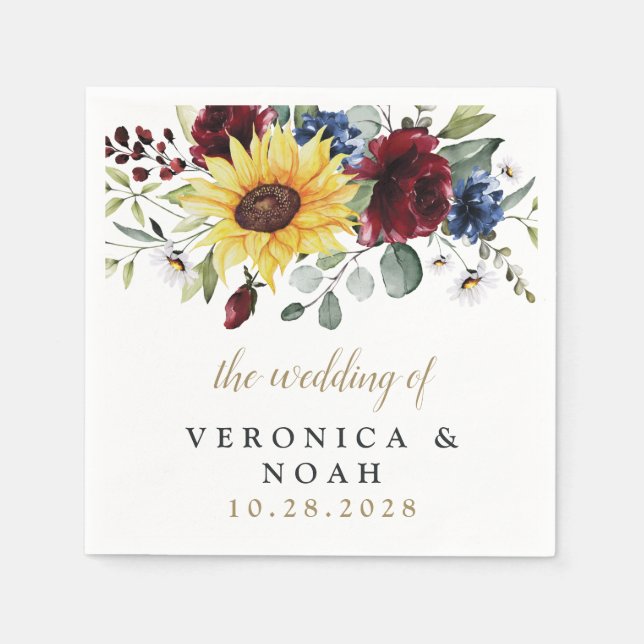 Serviette En Papier Tournesol Bourgogne Rose Marine Bleu Russe Mariage (Devant)