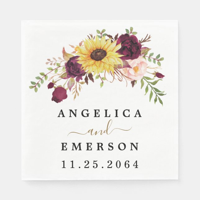 Serviette En Papier Tournesol Bourgogne Rouge Blush Peony Mariage Rose (Devant)