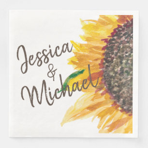 Serviette En Papier Tournesol Brun Jaune Nom du Couple Marié Blanc