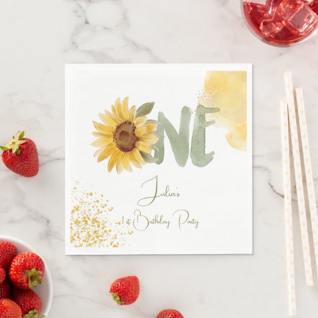 Serviette En Papier Tournesol d'aquarelle premier anniversaire (En situation)