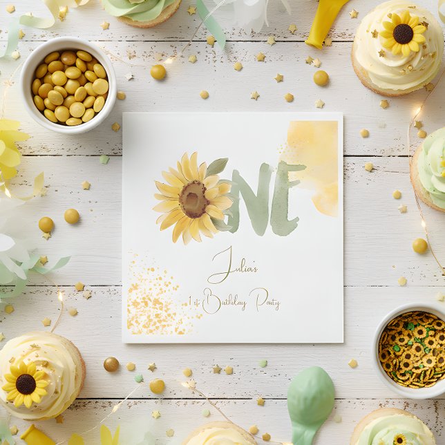 Serviette En Papier Tournesol d'aquarelle premier anniversaire (Créateur téléchargé)