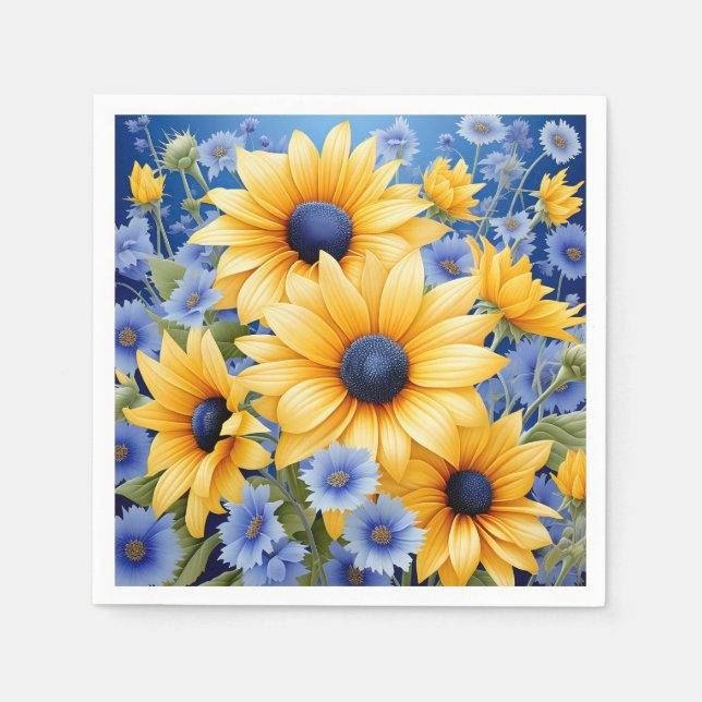 Serviette En Papier Tournesol Élégant Avec Fleurs sauvages Bleus Doux (Devant)