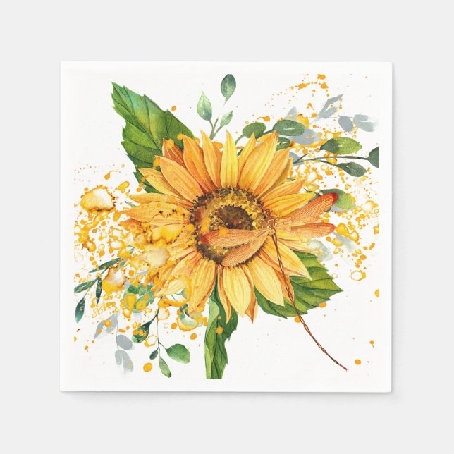 Serviette En Papier Tournesol et libellule éclaboussure automne  (Devant)