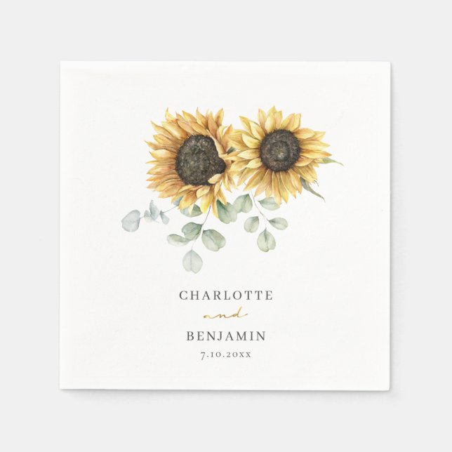 Serviette En Papier Tournesol Eucalyptus Script Mariage floral papier (Devant)