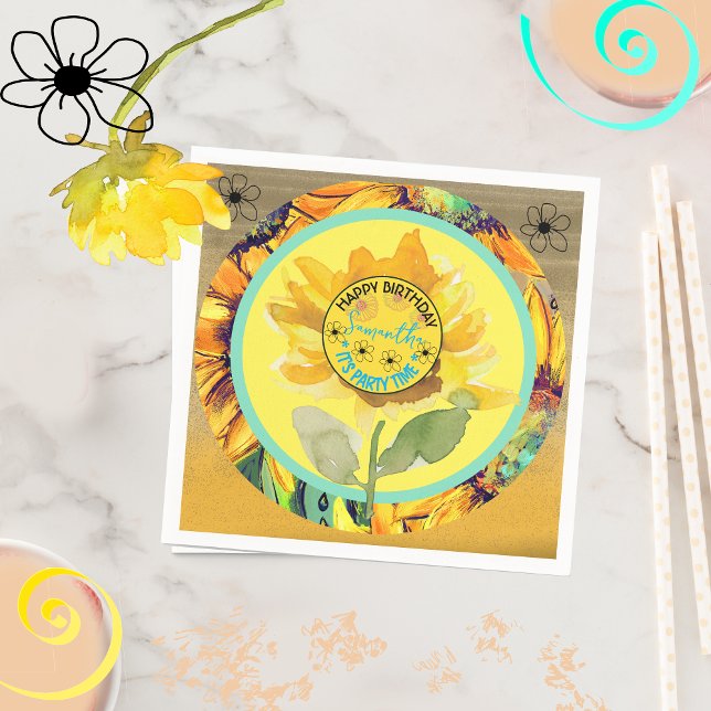 Serviette En Papier Tournesol Fille Anniversaire Jaune Noir (Sunflower Birthday Girl Yellow Black Napkins)
