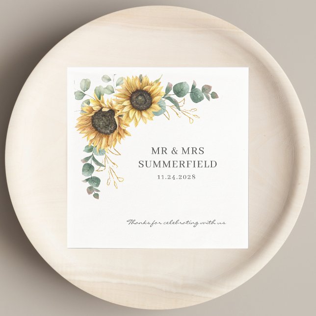Serviette En Papier Tournesol Floral Eucalyptus Vert Mariage Papier (Sunflower Floral Eucalyptus Greenery Wedding Paper Napkins)