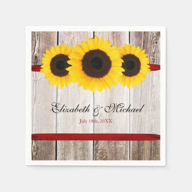 Serviette En Papier Tournesol Graine Bois Rouge Ruban Mariage (Devant)