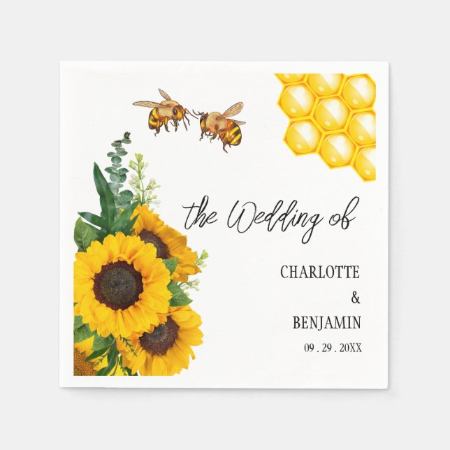 Serviette En Papier Tournesol jaune rustique et Mariage d'abeilles (Devant)