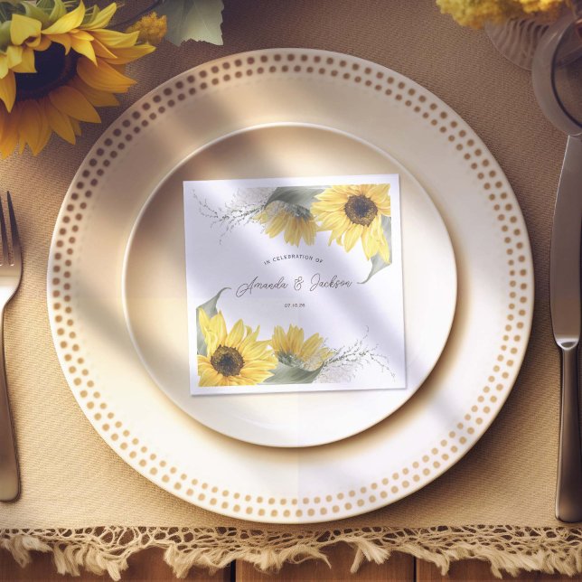 Serviette En Papier tournesol rustique, mariage de automne de campagne (Rustic Sunflower Themed, Wedding paper napkin. Personalized with Bride & groom's names)