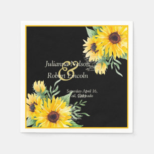 Serviette En Papier Tournesols à l'aquarelle sur mariage noir classiqu