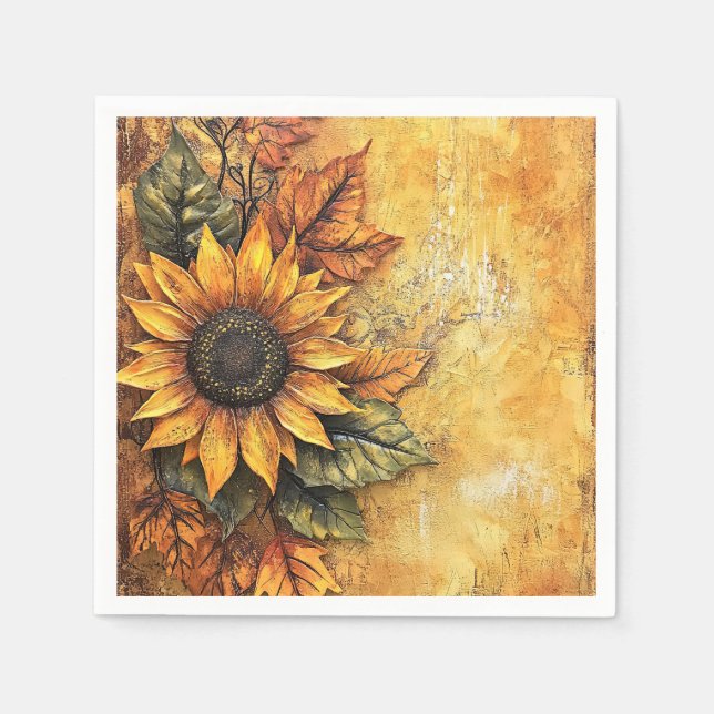 Serviette En Papier Tournesols Automne Feuilles Médias Mixtes (Devant)