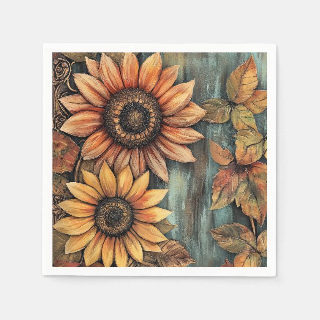 Serviette En Papier Tournesols Automne Feuilles Médias Mixtes (Devant)