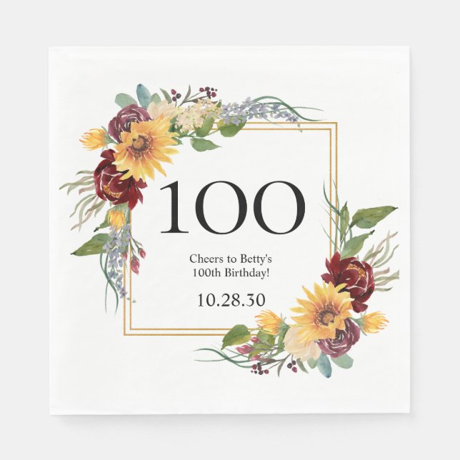 Serviette En Papier Tournesols pour les 100 ans (Devant)