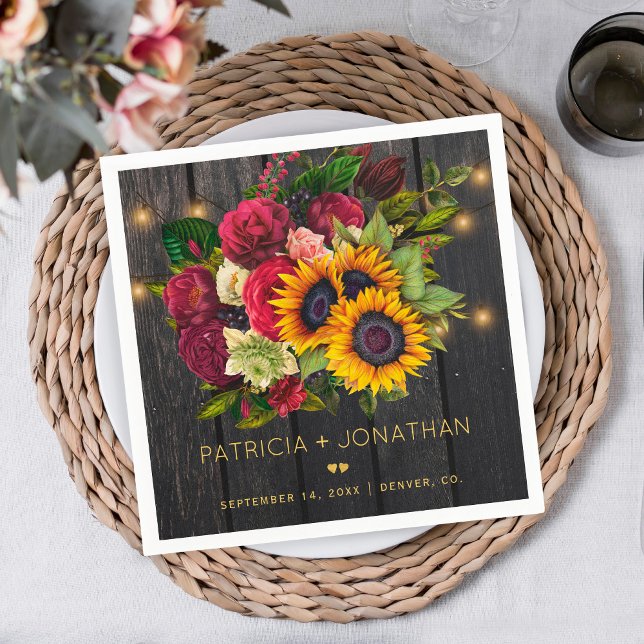 Serviette En Papier Tournesols rustiques et mariage en bois rose borde (Créateur téléchargé)