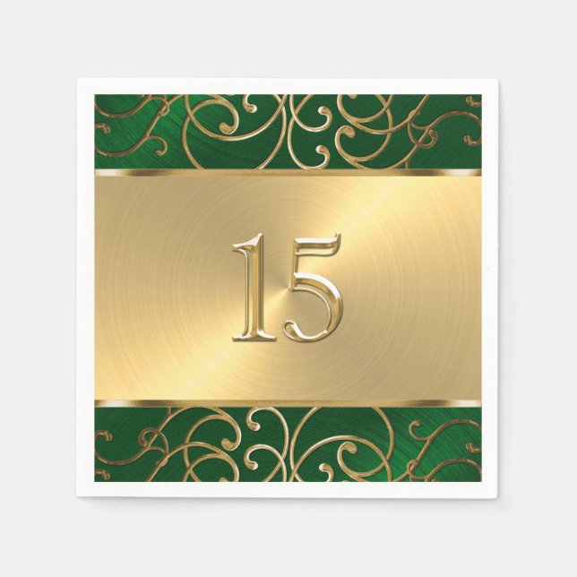 Serviette En Papier Tournois de Filigree vert et or de Quinceanera Eme (Devant)