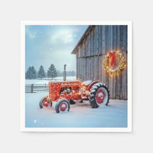 Serviette En Papier Tracteur agricole rouge de Noël dans la neige