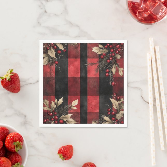 Serviette En Papier Traditional Red and Black Plaid Christmas Holiday (En situation)