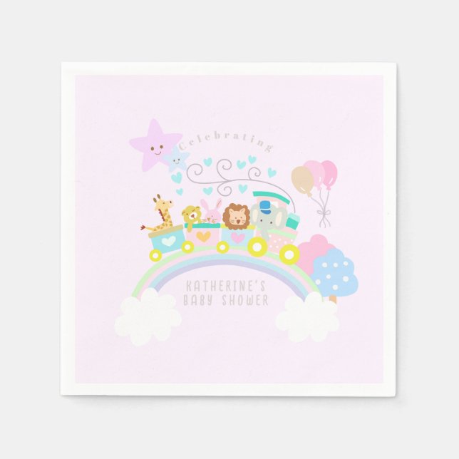 Serviette En Papier Train Animaux Bébé Pastel Rose (Devant)