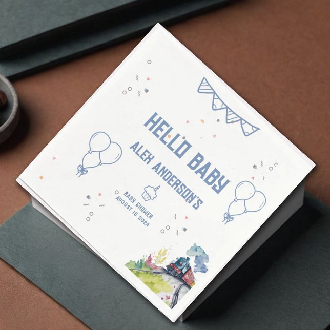 Serviette En Papier Train Blue Balloons garçon Baby shower Whimsical (Créateur téléchargé)