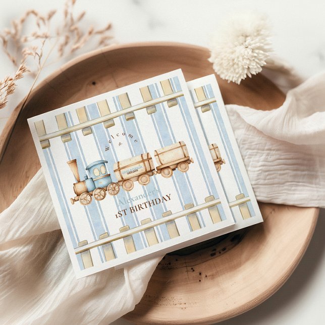 Serviette En Papier Train Blue Watercolor 1er anniversaire (Créateur téléchargé)