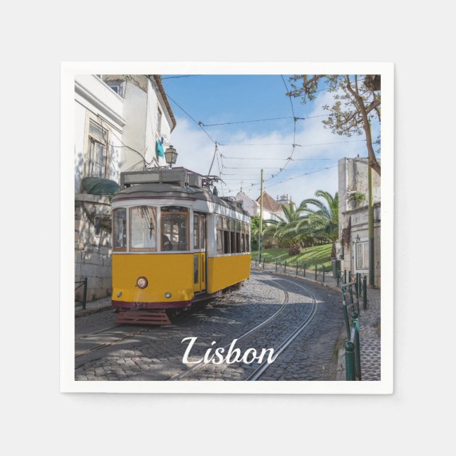Serviette En Papier Tramway jaune rétro dans la rue à Lisbonne, Portug (Devant)