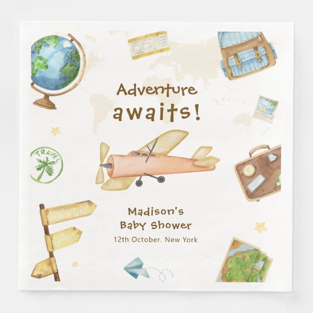 Serviette En Papier Travel Around The World Airplane Baby Shower  (Devant)