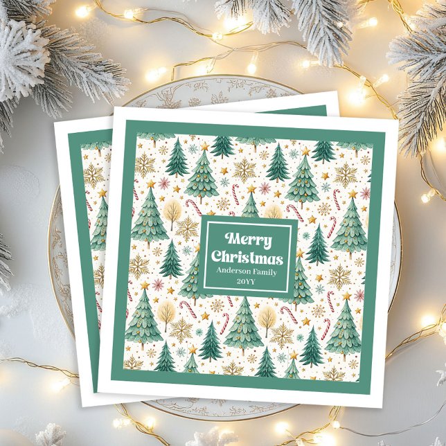 Serviette En Papier Trendy Christmas Trees Red Green Gold Napkins (Trendy Christmas Trees Red Green Gold Napkins)