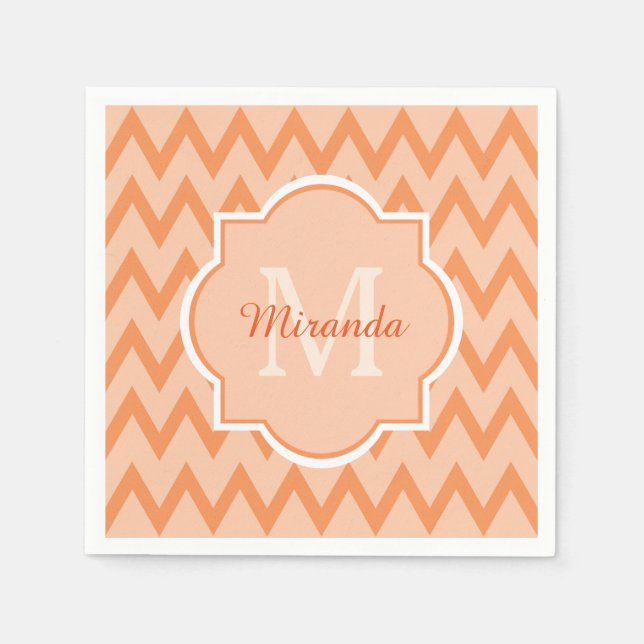 Serviette En Papier Trendy Orange Chevron Zigzag Nom et Monogramme (Devant)