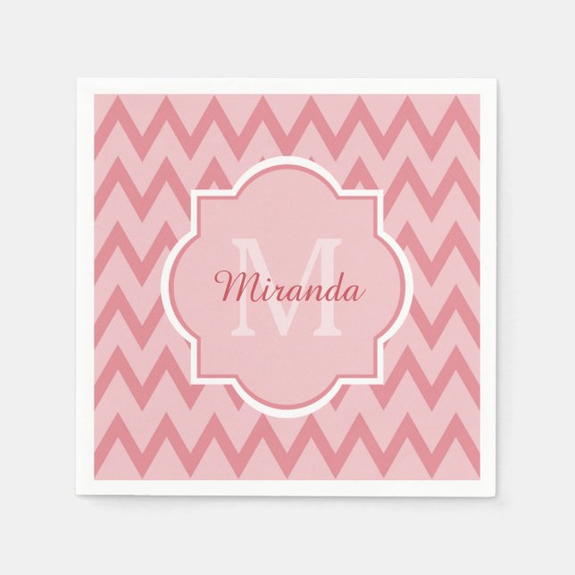 Serviette En Papier Trendy Pink Chevron Zigzag Nom et Monogramme (Devant)