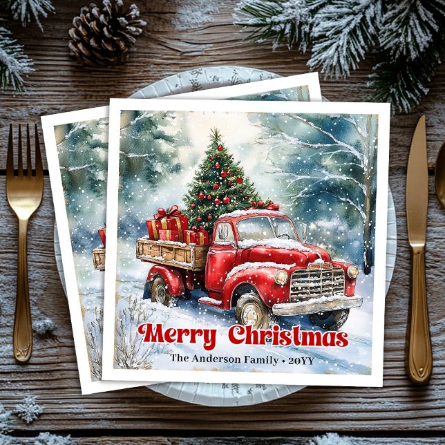Serviette En Papier Trendy red truck Christmas scene rustic table  (Trendy red truck Christmas scene rustic table Paper Dinner Napkins)