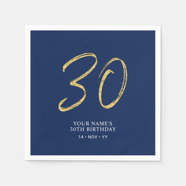 Serviette En Papier Trente | Gold & Navy Blue Lettering 30th Birthday (Devant)