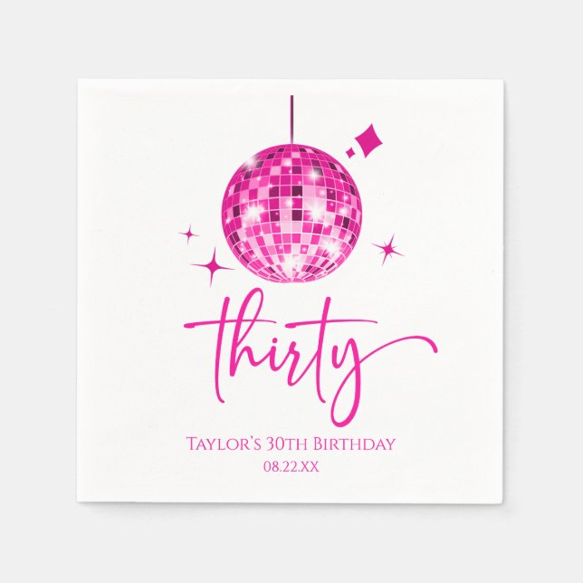 Serviette En Papier Trente Pink Disco Ball 30e fête d'anniversaire (Devant)