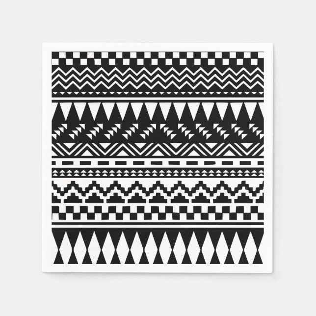 Serviette En Papier Tribal Aztèque noir et blanc (Devant)