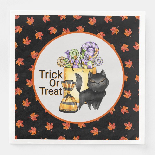 Serviette En Papier Trick Or Treat Chat Noir  (Devant)