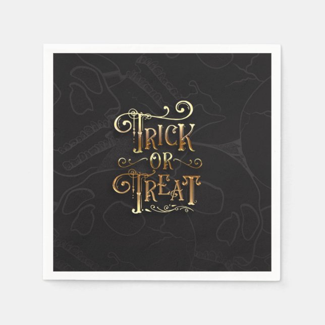 Serviette En Papier Trick or Treat Crânes Fête d'Halloween Noir & Or (Devant)