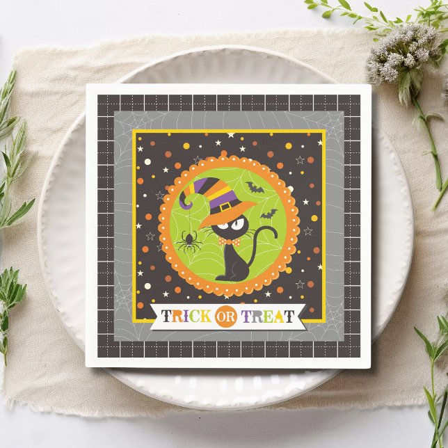 Serviette En Papier Trick Ou Traiter Halloween Chat Noir Sorcière (Créateur téléchargé)
