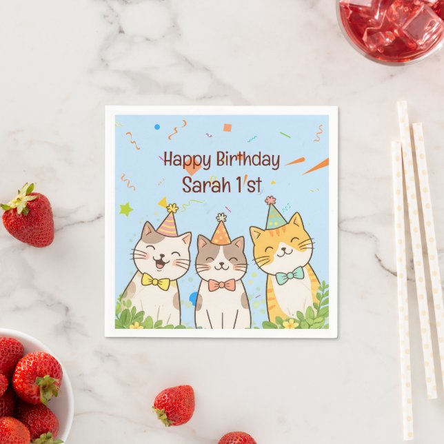 Serviette En Papier Trio Adorable de Chats d'Anniversaire | Nom & Âge  (En situation)