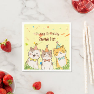 Serviette En Papier Trio Adorable de Chats d'Anniversaire Nom et Âge